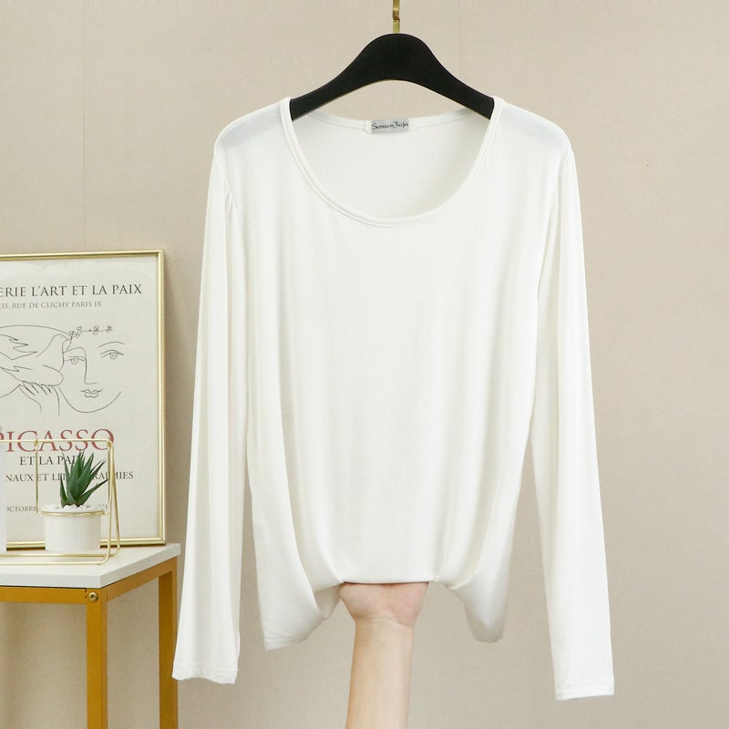 Thin Modal Inner Crewneck T-shirt Women's Spring and Autumn Long-sleeved Loose Top Flesh-Covering Slimming plus size Base Shirt - Image 1