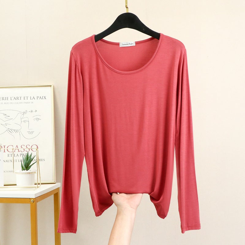 Thin Modal Inner Crewneck T-shirt Women's Spring and Autumn Long-sleeved Loose Top Flesh-Covering Slimming plus size Base Shirt - Image 3