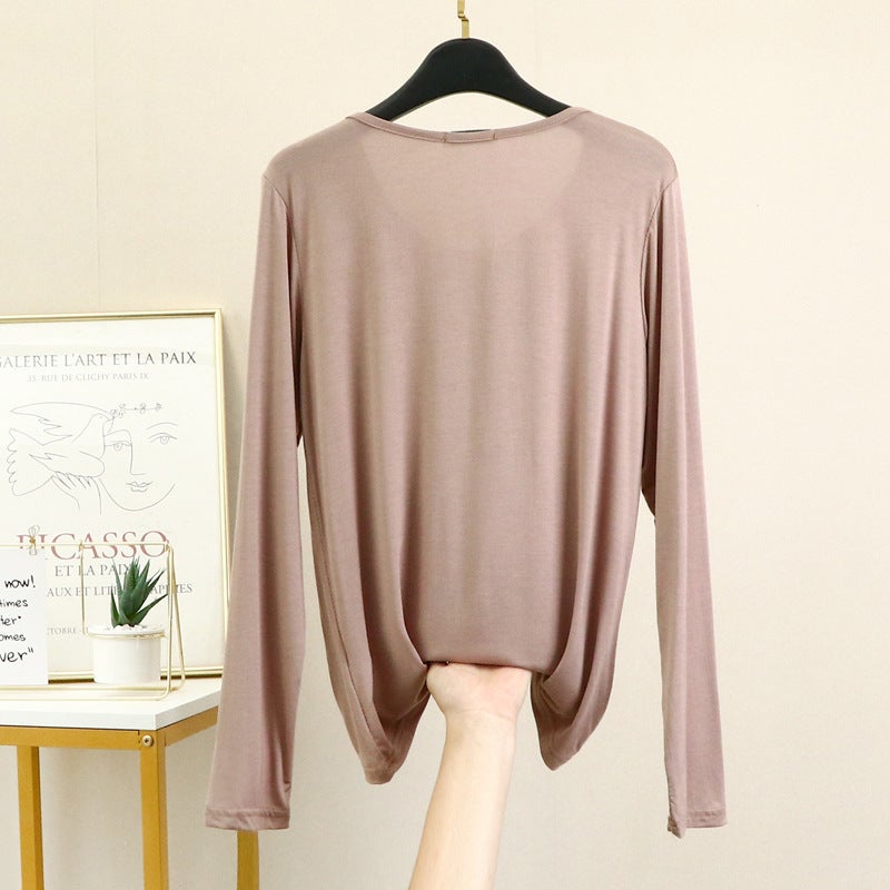 Thin Modal Inner Crewneck T-shirt Women's Spring and Autumn Long-sleeved Loose Top Flesh-Covering Slimming plus size Base Shirt - Image 4