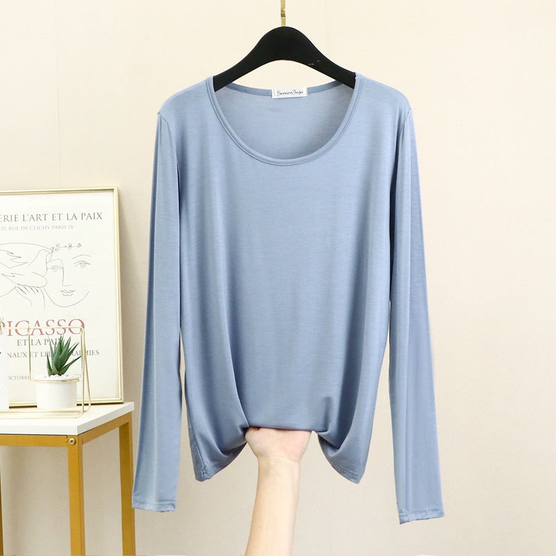 Thin Modal Inner Crewneck T-shirt Women's Spring and Autumn Long-sleeved Loose Top Flesh-Covering Slimming plus size Base Shirt - Image 5