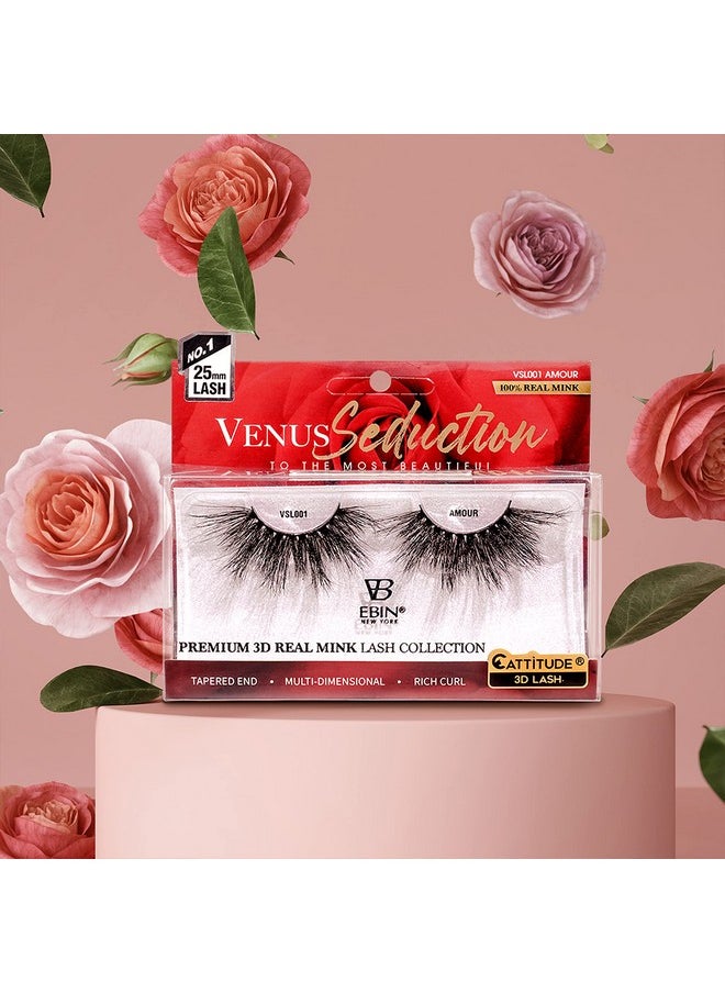 EBIN NEW YORK Cattitude 3D Lashes Venus Seduction Lashes 25Mm Reusable 100% Real Mink 3D Lashes Fluffy Cat Eye Look Volume Curl Lashes Multidimensional Rich Curl Tapered Endamour  - Image 4