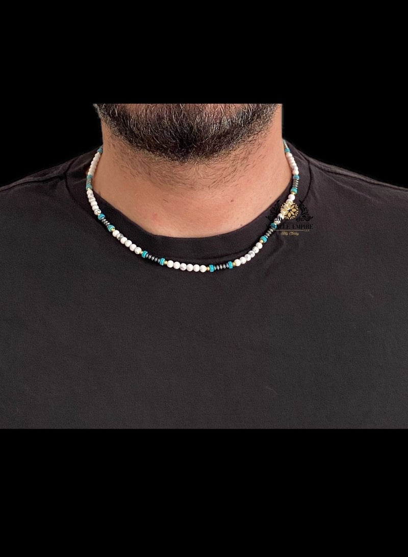 Miracle Empire Men Necklace Natural Stones 4MM Howlite Turquoise And Hemitate  - Image 2