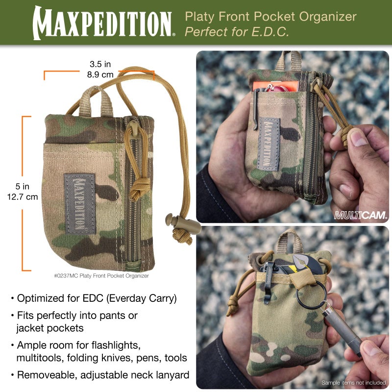 MAXPEDITION Platy Front Pocket Organizer, Durable EDC Tool Pouch for Men, Neck Wallet with Paracord Lanyard, Holds Flashlight, Multitool, Pen, Notebook (Multicam, 3.5" x 5") - Image 2
