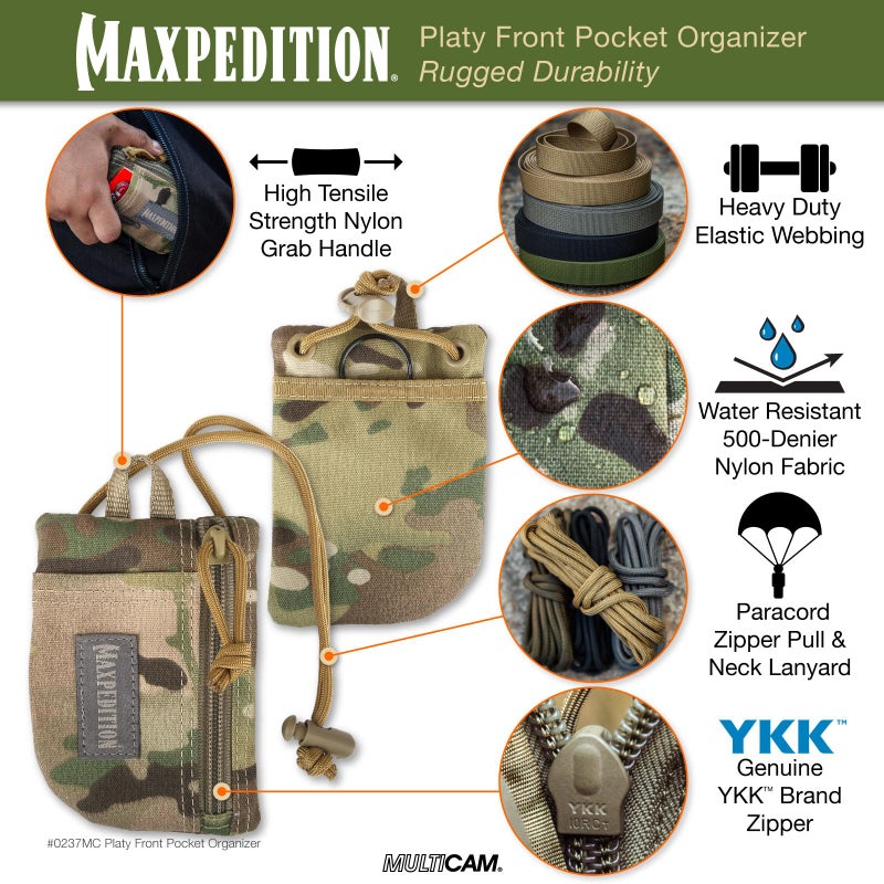 MAXPEDITION Platy Front Pocket Organizer, Durable EDC Tool Pouch for Men, Neck Wallet with Paracord Lanyard, Holds Flashlight, Multitool, Pen, Notebook (Multicam, 3.5" x 5") - Image 3