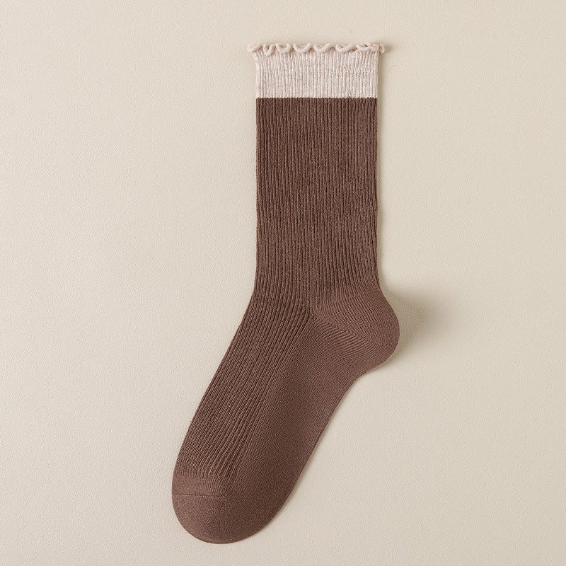 Spring Autumn Womens Ruffled Colorblock Mid-Calf Socks Light gray - Image 4