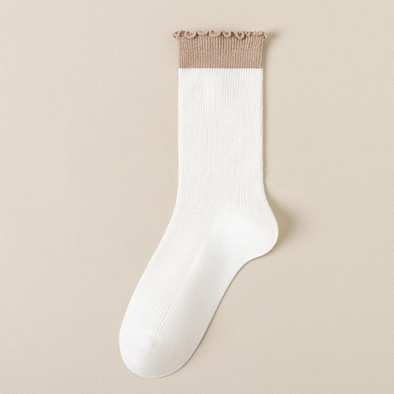 Spring Autumn Womens Ruffled Colorblock Mid-Calf Socks Light gray - Image 2
