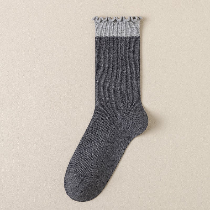 Spring Autumn Womens Ruffled Colorblock Mid-Calf Socks Light gray - Image 5