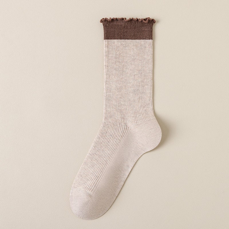 Spring Autumn Womens Ruffled Colorblock Mid-Calf Socks Light gray - Image 3