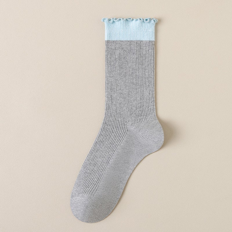 Spring Autumn Womens Ruffled Colorblock Mid-Calf Socks Light gray - Image 1