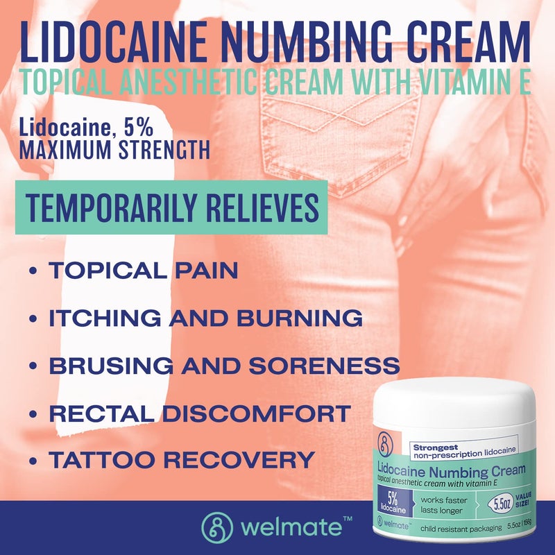 WELMATE | 5% Lidocaine | Numbing Cream Maximum Strength | Topical Anesthetic | Aches, Back Pain, Itching, Soreness, Burning, Tattoos, & Bruises | Unscented | Vegan | Child Resistant Packaging | 5.5 Oz - Image 2