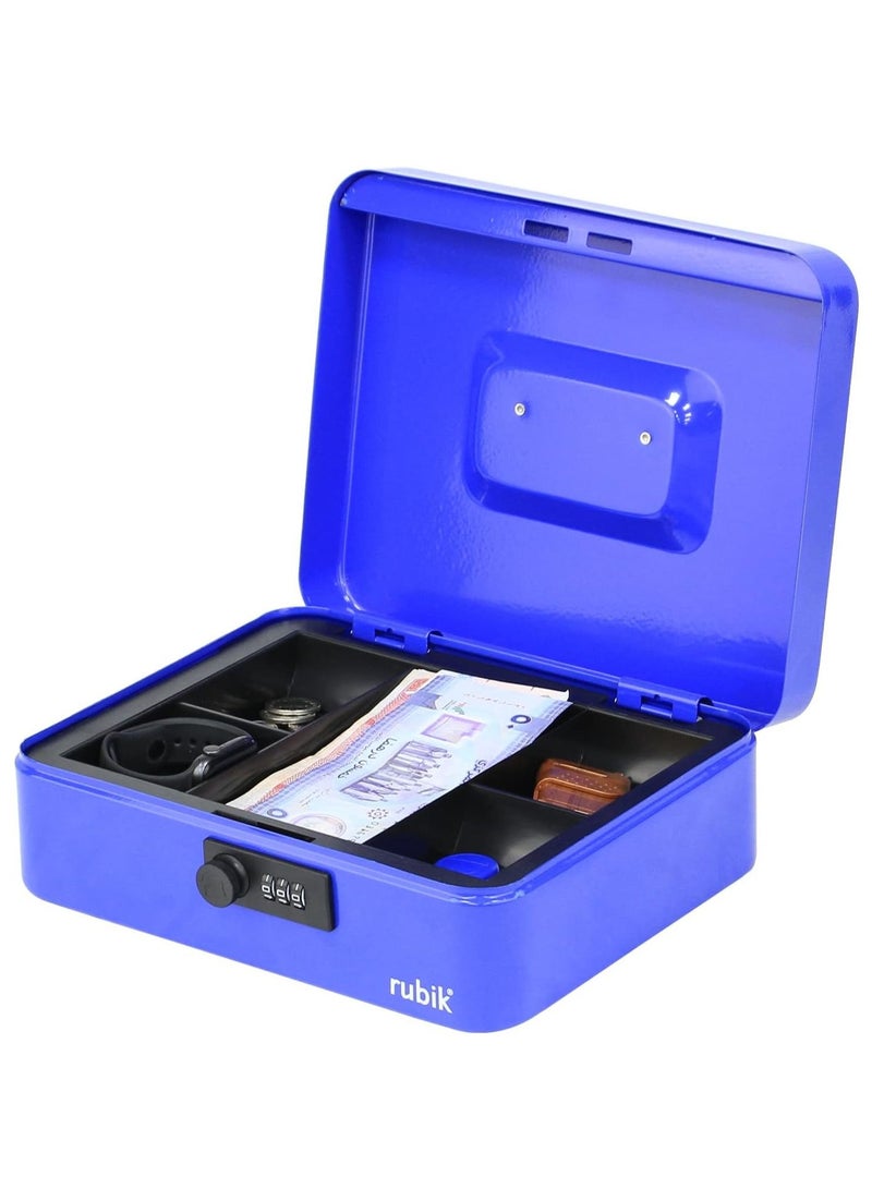 Rubik Large Cash Box with Tray and Combination Lock Portable Durable Register Money Box Safe for Bills Jewelry Receipts Coins (25x20x9cm) Blue - Image 1