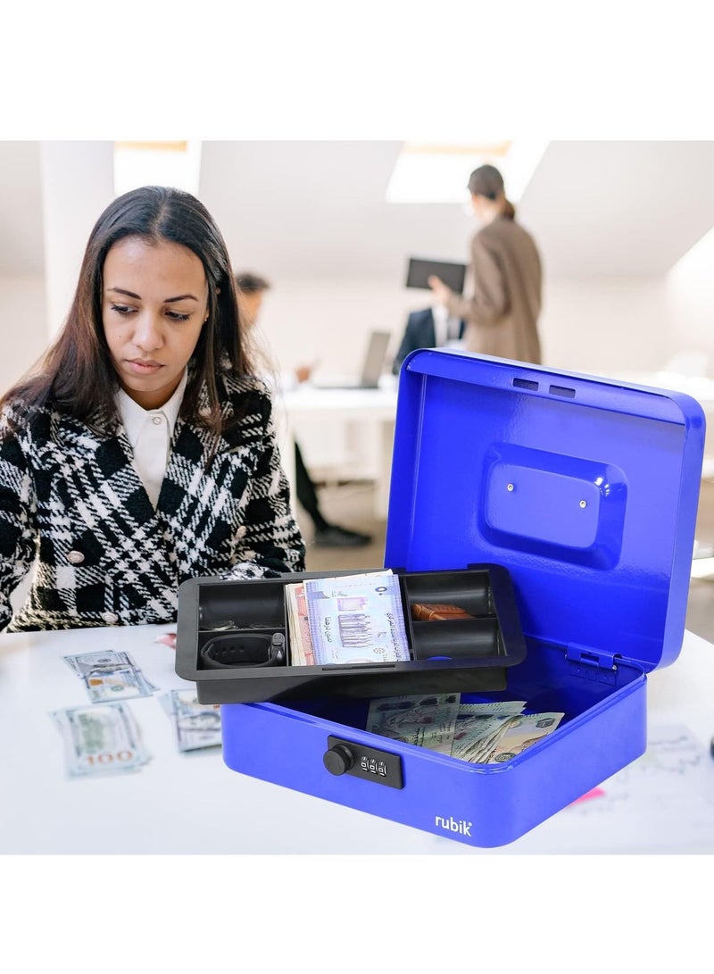 Rubik Large Cash Box with Tray and Combination Lock Portable Durable Register Money Box Safe for Bills Jewelry Receipts Coins (25x20x9cm) Blue - Image 2