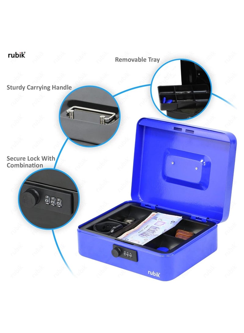 Rubik Large Cash Box with Tray and Combination Lock Portable Durable Register Money Box Safe for Bills Jewelry Receipts Coins (25x20x9cm) Blue - Image 3