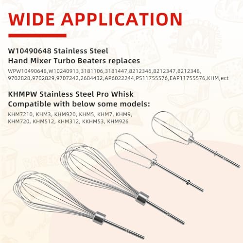 Fetechmate خلاط يدوي W10490648 مع مضارب توربو KHM2B (عبوة 2) وملحق خفاقة KHMPW من الفولاذ المقاوم للصدأ (عبوة 2) مناسب لخلاط المطبخ من سلسلة KHM من Fetechmate - Image 5