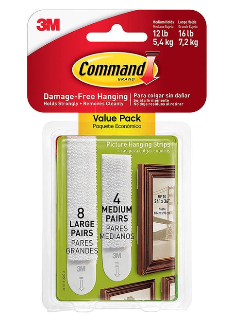 Command 17209UKN picture hanging strips, large and medium, white color. 8 L pairs and 4 M pairs/pack