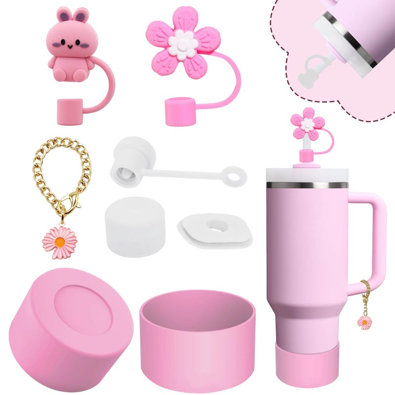 vikgle Stanley Cup Accessories Set,Including 2 Pcs 0.4in Straw Cover, 1 Silicone Spill-Proof Stopper Set of 3, 1 Cute Flower Handle Charm, 1 Silicone Boot Fits Stanley 40&30 Oz Tumbler (Lavender Pink) - Image 1