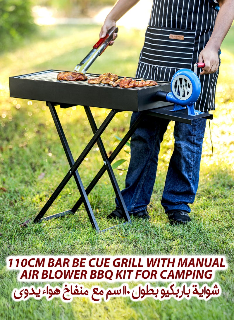 Generic Foldable Charcoal BBQ Grill 110cm With Manual Air Blower Fan Large Capacity Portable Stainless Steel Portable Adjustable Height Barbecue Grilling Rack with Stand, Anti-Scald Grill Clip Smoker Stand for Garden Backyard Hiking Picnics Beach Party, Cooking Mutton Kebabs, Tikka, Chicken Sausage, Beef Boti for 5-15 People  - Image 1