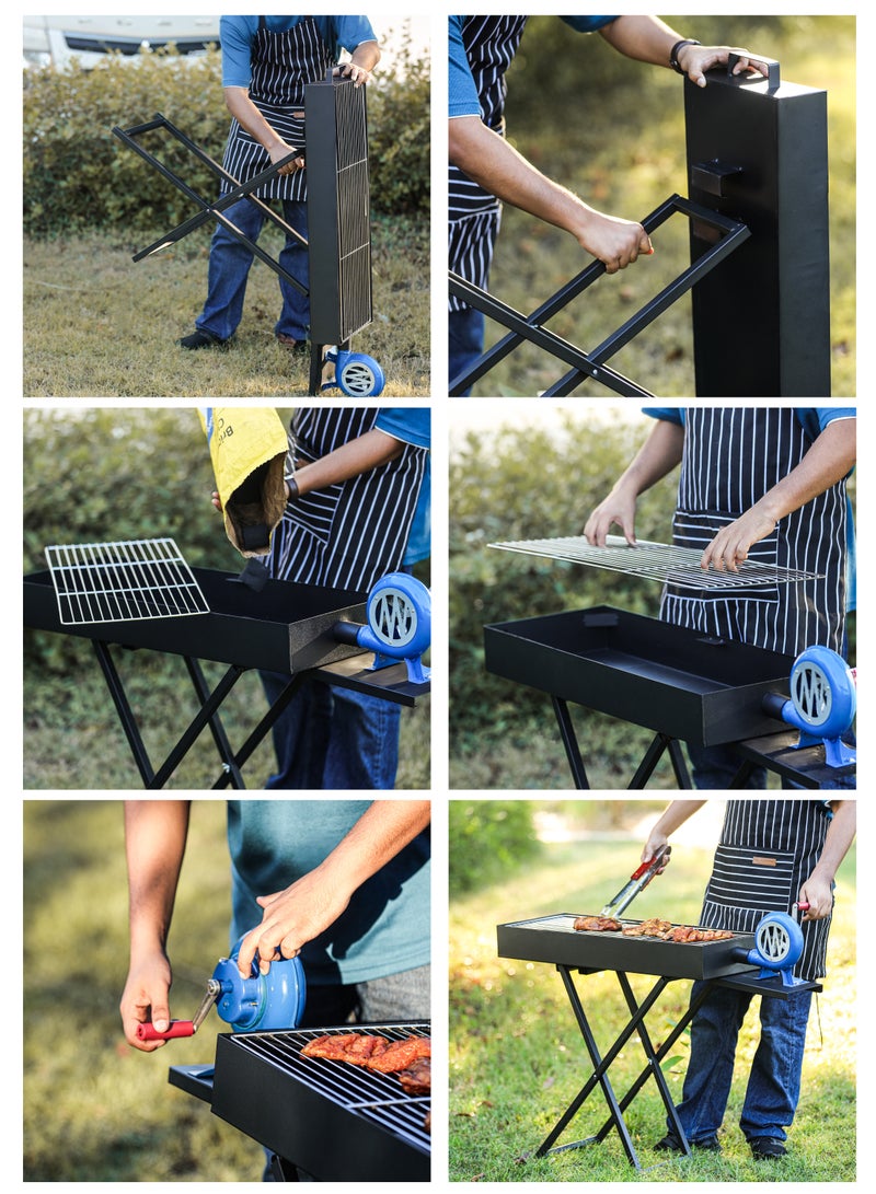 Generic Foldable Charcoal BBQ Grill 110cm With Manual Air Blower Fan Large Capacity Portable Stainless Steel Portable Adjustable Height Barbecue Grilling Rack with Stand, Anti-Scald Grill Clip Smoker Stand for Garden Backyard Hiking Picnics Beach Party, Cooking Mutton Kebabs, Tikka, Chicken Sausage, Beef Boti for 5-15 People  - Image 2