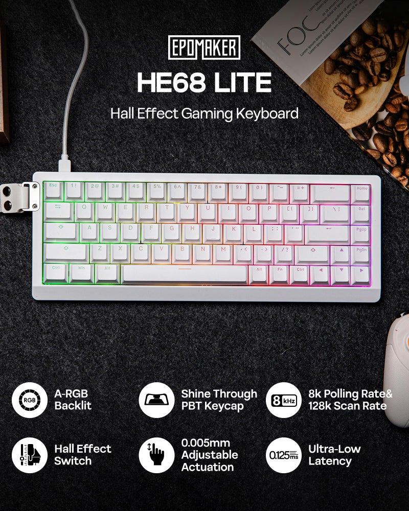 EPOMAKER HE68 Lite Hall Effect Gaming Keyboard, 8k Polling & 128K Scan Rate, 0.01mm Adjustable Trigger, 0.125ms Latency, 5-Layer Sound-Dampened, Snap Key, SOCD, A-RGB, Wired, Mac Software (White) - Image 2