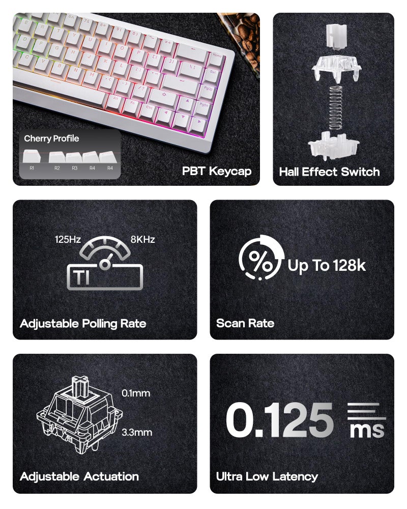 EPOMAKER HE68 Lite Hall Effect Gaming Keyboard, 8k Polling & 128K Scan Rate, 0.01mm Adjustable Trigger, 0.125ms Latency, 5-Layer Sound-Dampened, Snap Key, SOCD, A-RGB, Wired, Mac Software (White) - Image 3