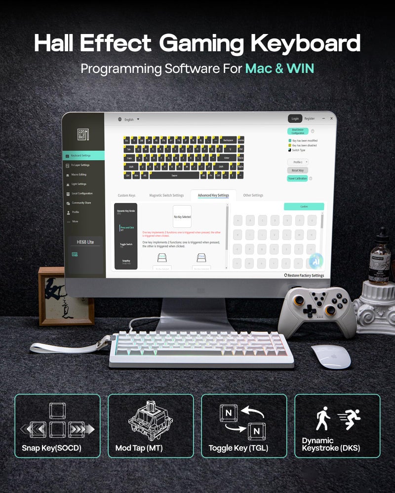 EPOMAKER HE68 Lite Hall Effect Gaming Keyboard, 8k Polling & 128K Scan Rate, 0.01mm Adjustable Trigger, 0.125ms Latency, 5-Layer Sound-Dampened, Snap Key, SOCD, A-RGB, Wired, Mac Software (White) - Image 4