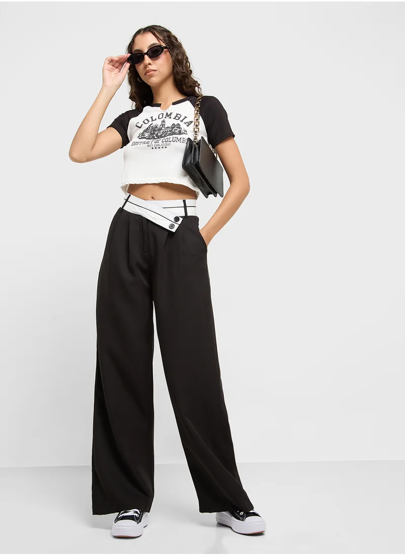 جينجر Contrast Waistband Wide Leg Pants