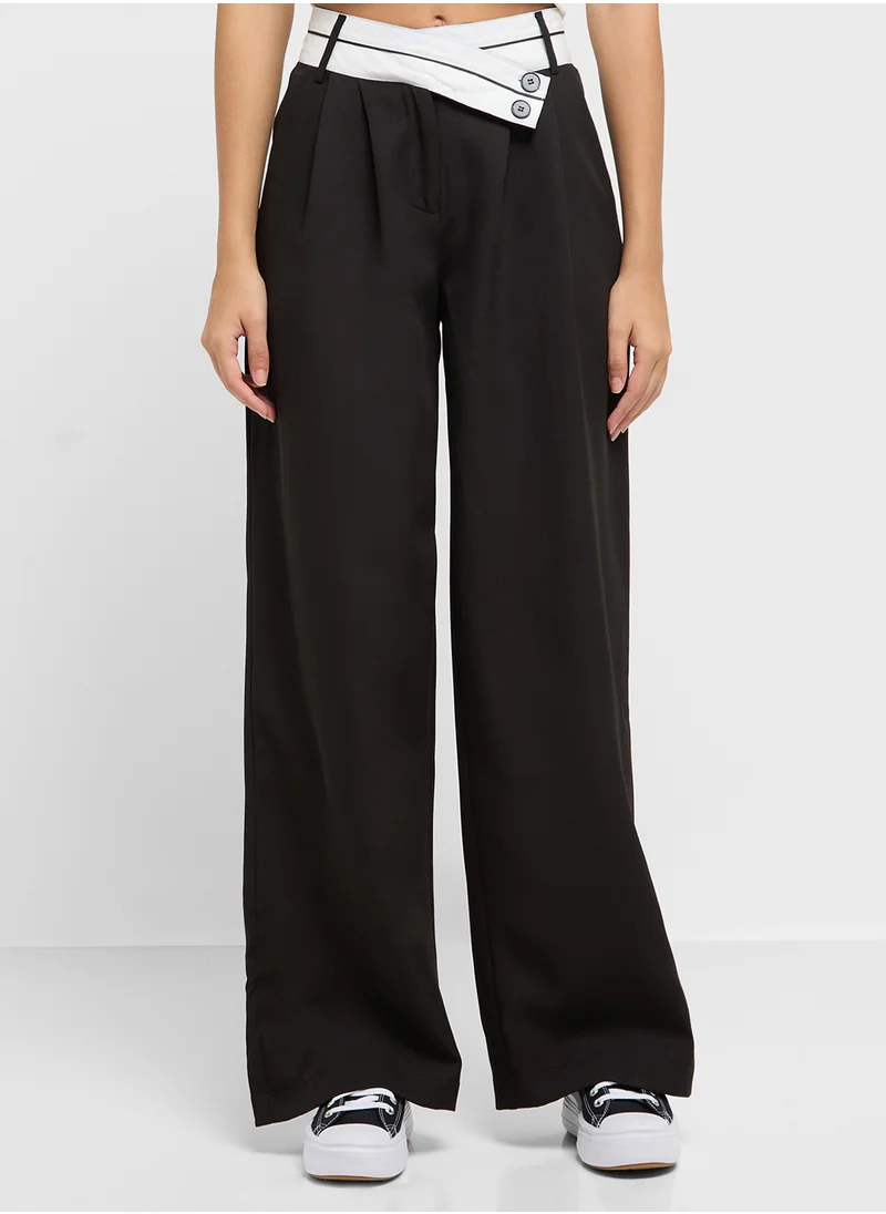 جينجر Contrast Waistband Wide Leg Pants