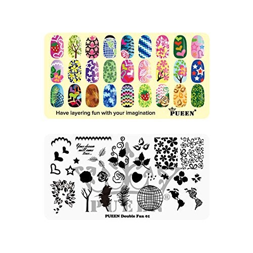 PUEEN Nail Art Stamping Plate Double Fun 01  Layering Collection 125x65mm Unique Nailart Polish Stamping Manicure Image Plates Accessories Kit  BH000724