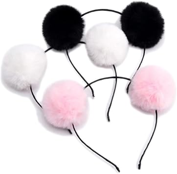 TOPWEL 3PCS Fluffy Pom Pom Headbands PomBall Hairbands Animal Ears Double PomHeadband Hair Loops Hair Accessories for Halloween Christmas Birthday Party BlackWhitePink - Image 1