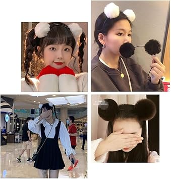 TOPWEL 3PCS Fluffy Pom Pom Headbands PomBall Hairbands Animal Ears Double PomHeadband Hair Loops Hair Accessories for Halloween Christmas Birthday Party BlackWhitePink - Image 4