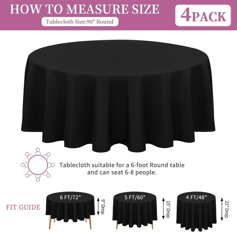 FXKS 4 Packs Black Round Table Cloth 90 Inch Circular Table Cloth, Stain and Resistant Washable Polyester Round Tablecloth Table Cover for Wedding Parties Banquet Reception Gift Table - Image 3