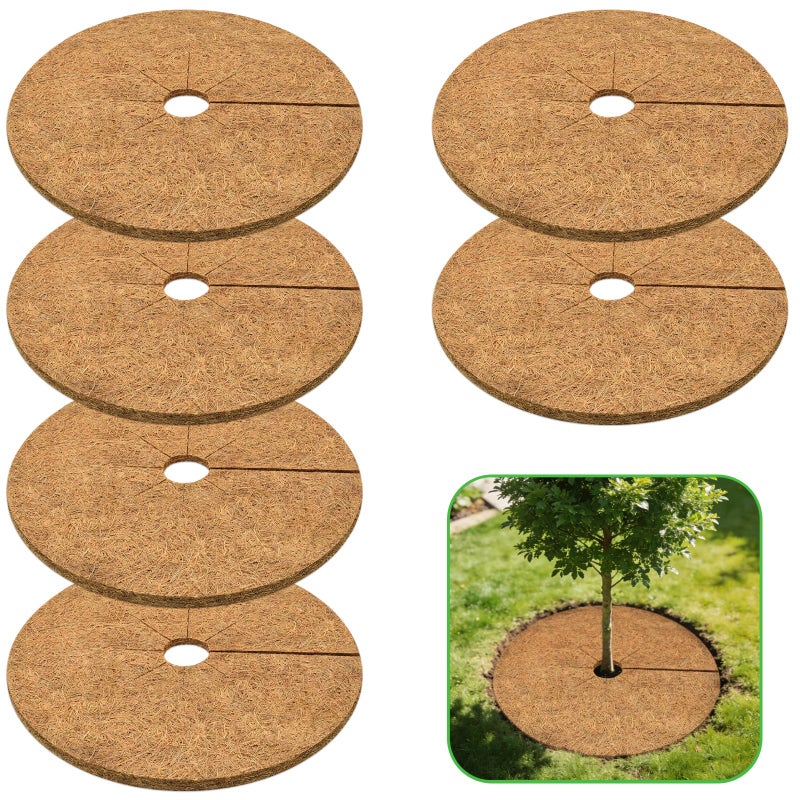 ZeeDix 6 Pack Coconut Fiber Mulch Ring, 24 Inch Coco Coir Tree Ring Mulch Mat, 100% Natural Tree Protector Mat Plant Cover Ring Coconut Coir Discs Tree Mats Mulch Rings for Indoor Outdoor Trees Plants - Image 1