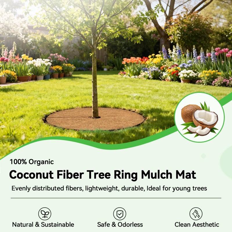 ZeeDix 6 Pack Coconut Fiber Mulch Ring, 24 Inch Coco Coir Tree Ring Mulch Mat, 100% Natural Tree Protector Mat Plant Cover Ring Coconut Coir Discs Tree Mats Mulch Rings for Indoor Outdoor Trees Plants - Image 2