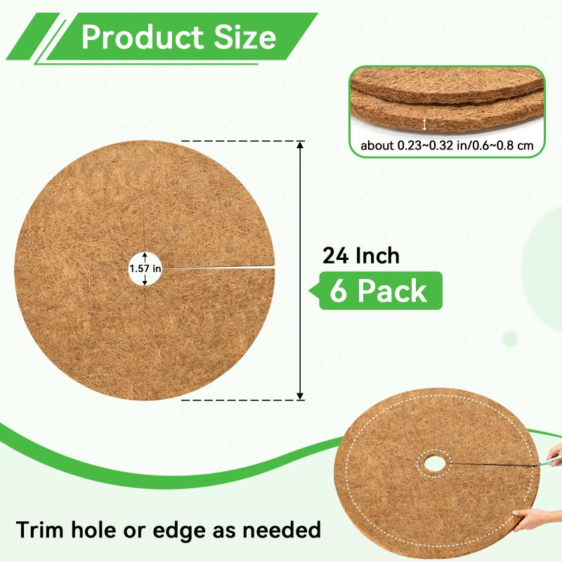 ZeeDix 6 Pack Coconut Fiber Mulch Ring, 24 Inch Coco Coir Tree Ring Mulch Mat, 100% Natural Tree Protector Mat Plant Cover Ring Coconut Coir Discs Tree Mats Mulch Rings for Indoor Outdoor Trees Plants - Image 3