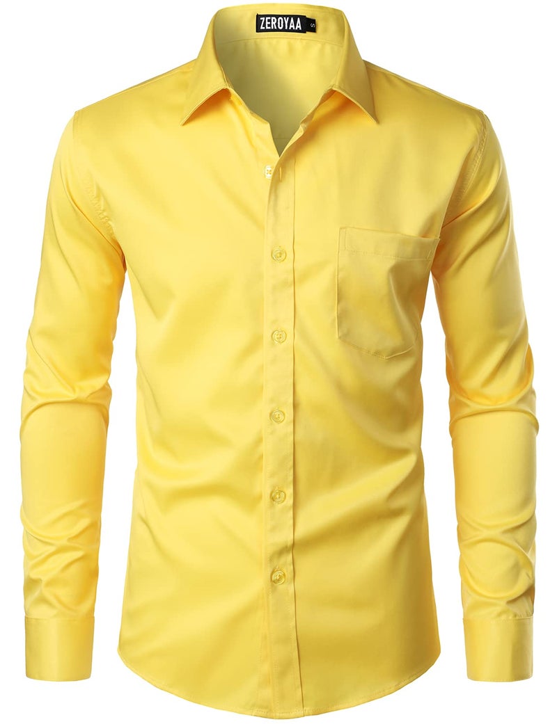 ZEROYAA Mens Urban Stylish Casual Business Slim Fit Long Sleeve Button Up Dress Shirt with Pocket ZLCL29 Bright Yellow Large