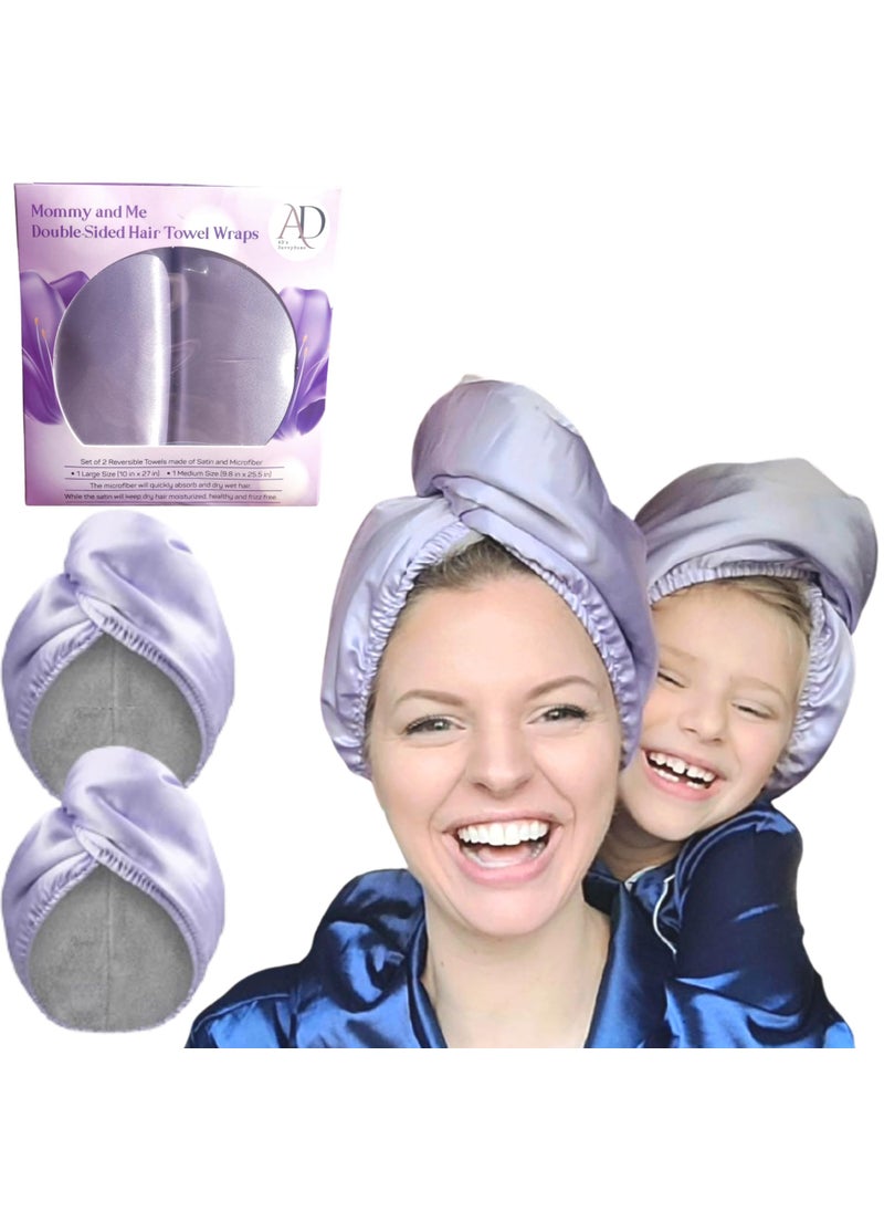 AD's SavvyHome, LLC ADs Savvyhome LLC Mommy and Me 2Pack Microfiber Hair Towel Wrap with Satin and Microfiber Reversible Large and Medium Luxury Turban 