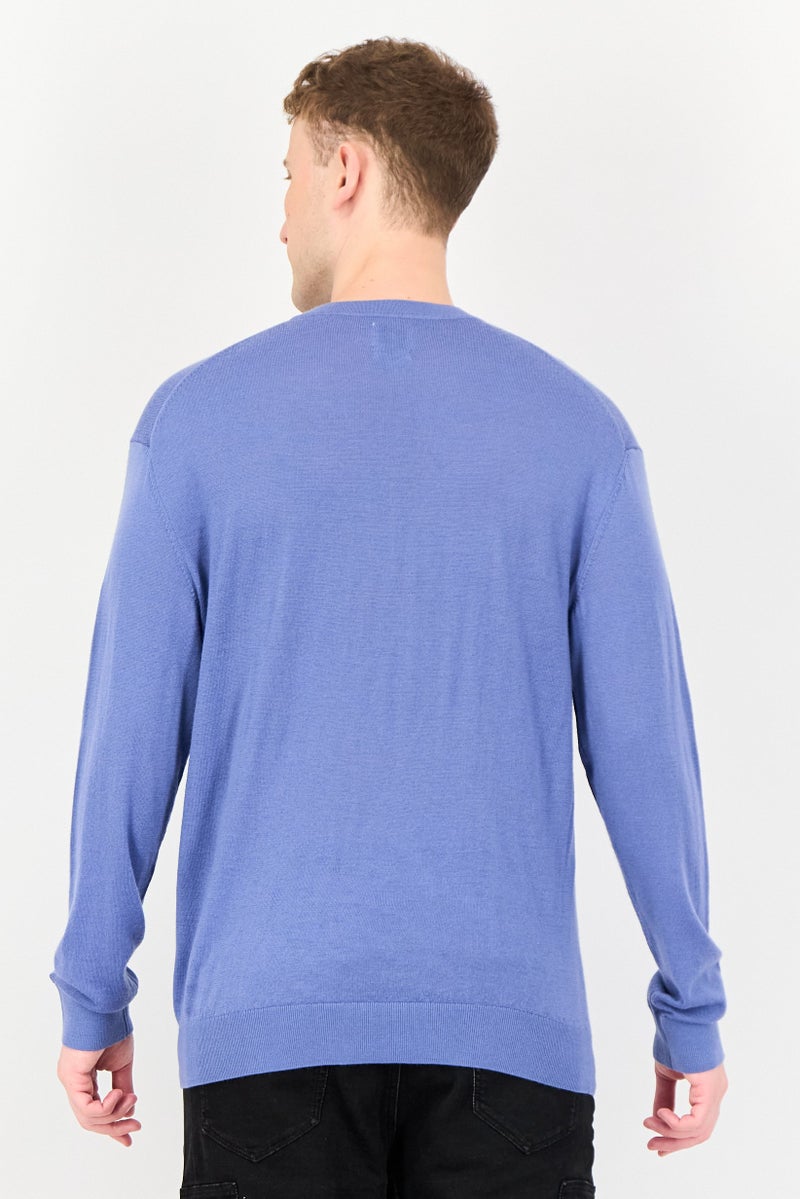 SELECTED Men Ribbed Collar Long Sleeve Textured Sweater, Light Blue - Image 3