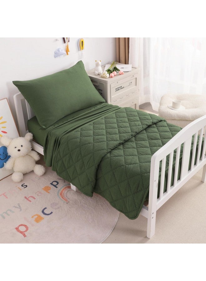 NTBAY Toddler Bedding Set - 4 Piece Soft and Breathable Crib Bedding Set for Boys and Girls, Includes Quilted Comforter, Fitted Sheet, Flat Top Sheet and Envelope Pillowcase, Olive Green - Image 3