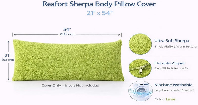 Reafort Ultra Soft Sherpa Body Pillow Cover/Case with Zipper Closure 21"x54" (21"x54" Body Pillow Cover, Lime) - Image 2