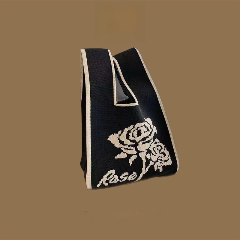 2024 Trendy Knitted Bucket Handbag A Rose [black]] 
