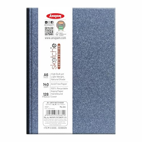 Anupam Earth Sketche Drawing Book A6 | 100% Recycled Hardbound Cove Book | 140 GSM | Acid Free 65 Sheets / 128 Pages | Drawing Sketchbook for Artists and Students | for Dry Techniques - Image 1