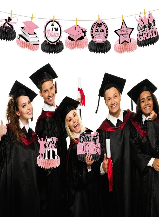 Yisong 9 Pieces 2026 Graduation Party Table Decorations Class of 2026 Congrats Graduation Centerpieces for Tables Congratulate Honeycomb Centerpiece Topper for Grad Party Supplies (Pink, Black) - Image 5