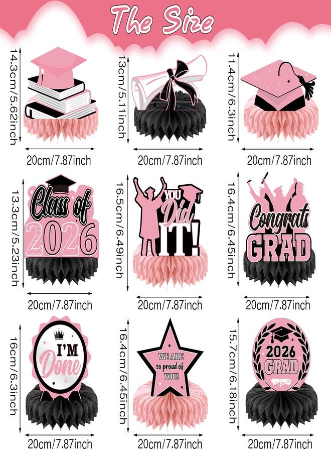 Yisong 9 Pieces 2026 Graduation Party Table Decorations Class of 2026 Congrats Graduation Centerpieces for Tables Congratulate Honeycomb Centerpiece Topper for Grad Party Supplies (Pink, Black) - Image 2