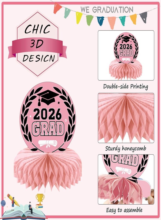 Yisong 9 Pieces 2026 Graduation Party Table Decorations Class of 2026 Congrats Graduation Centerpieces for Tables Congratulate Honeycomb Centerpiece Topper for Grad Party Supplies (Pink, Black) - Image 3