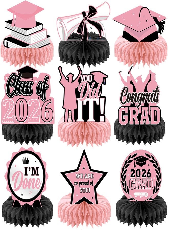 Yisong 9 Pieces 2026 Graduation Party Table Decorations Class of 2026 Congrats Graduation Centerpieces for Tables Congratulate Honeycomb Centerpiece Topper for Grad Party Supplies (Pink, Black) - Image 1