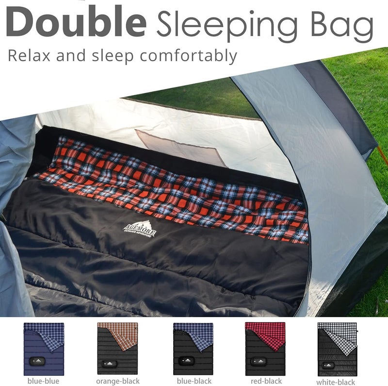 AGEMORE Cotton Flannel Double Sleeping Bag for Camping, Backpacking Or Hiking. Queen Size 2 Person Waterproof Sleeping Bag for Adults Or Teens. Lightweight with Compression Sack - Image 2