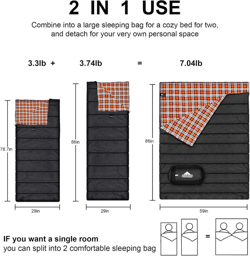AGEMORE Cotton Flannel Double Sleeping Bag for Camping, Backpacking Or Hiking. Queen Size 2 Person Waterproof Sleeping Bag for Adults Or Teens. Lightweight with Compression Sack - Image 3