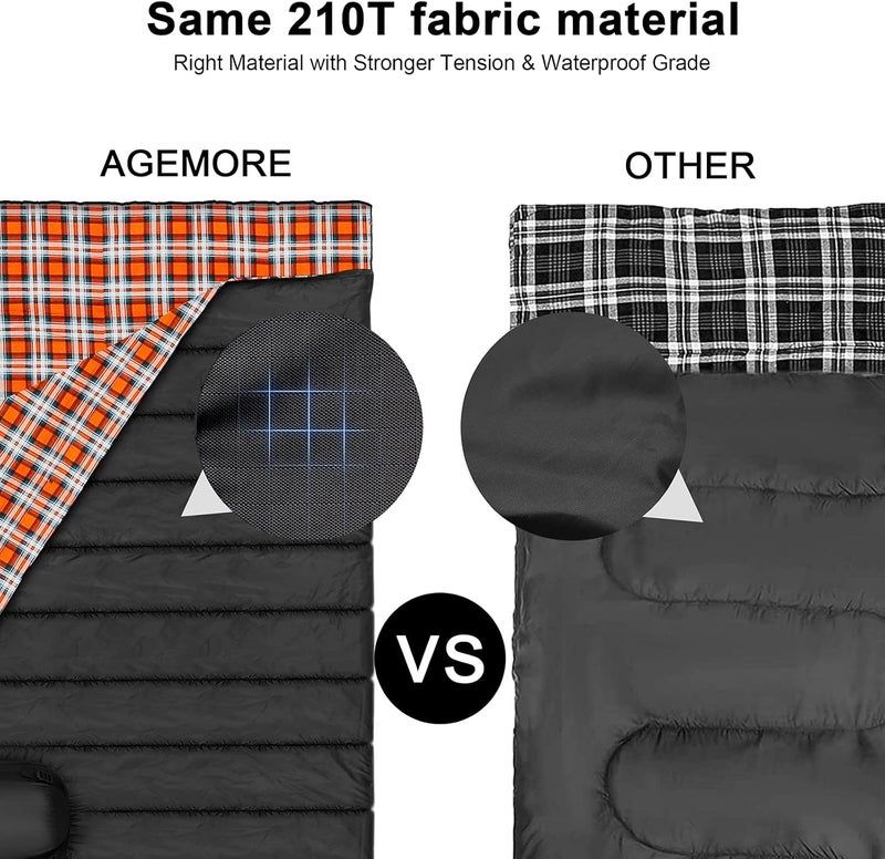 AGEMORE Cotton Flannel Double Sleeping Bag for Camping, Backpacking Or Hiking. Queen Size 2 Person Waterproof Sleeping Bag for Adults Or Teens. Lightweight with Compression Sack - Image 5
