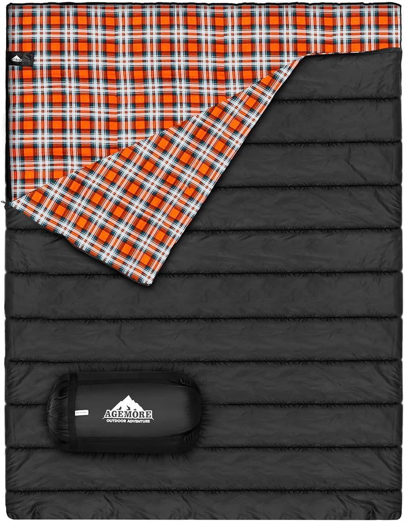 AGEMORE Cotton Flannel Double Sleeping Bag for Camping, Backpacking Or Hiking. Queen Size 2 Person Waterproof Sleeping Bag for Adults Or Teens. Lightweight with Compression Sack - Image 1