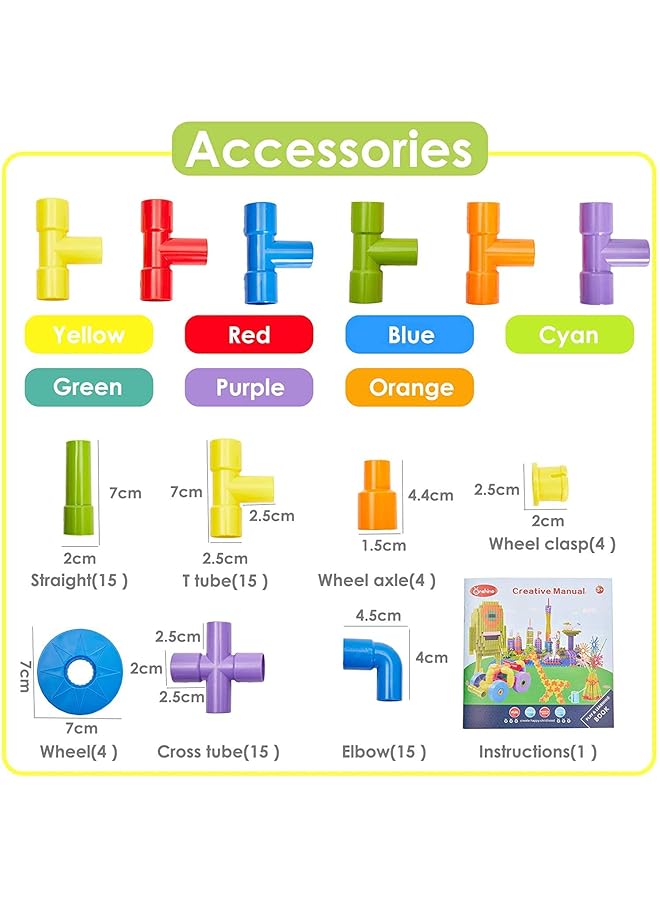 مومو بير 72 قطعة من مكعبات بناء الأنابيب، لعبة تجميع السيارات، لعبة بناء للأطفال بعمر 3 سنوات - Image 5